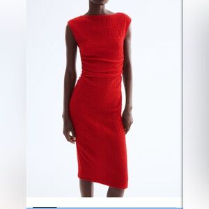 H&M DRAPED BODYCON DRESS Red Midi Dress